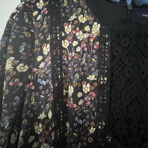 French Connection Faux Silk Knee-Length Dress Black Floral Lace Inset NWOT 12